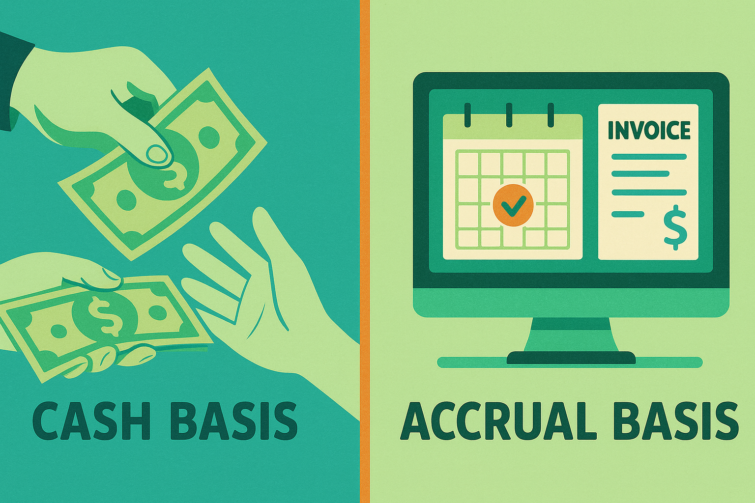 Illustration comparing cash basis and accrual basis bookkeeping. On the left, hands exchange cash; on the right, a computer screen shows an invoice and calendar, symbolizing income tracking.