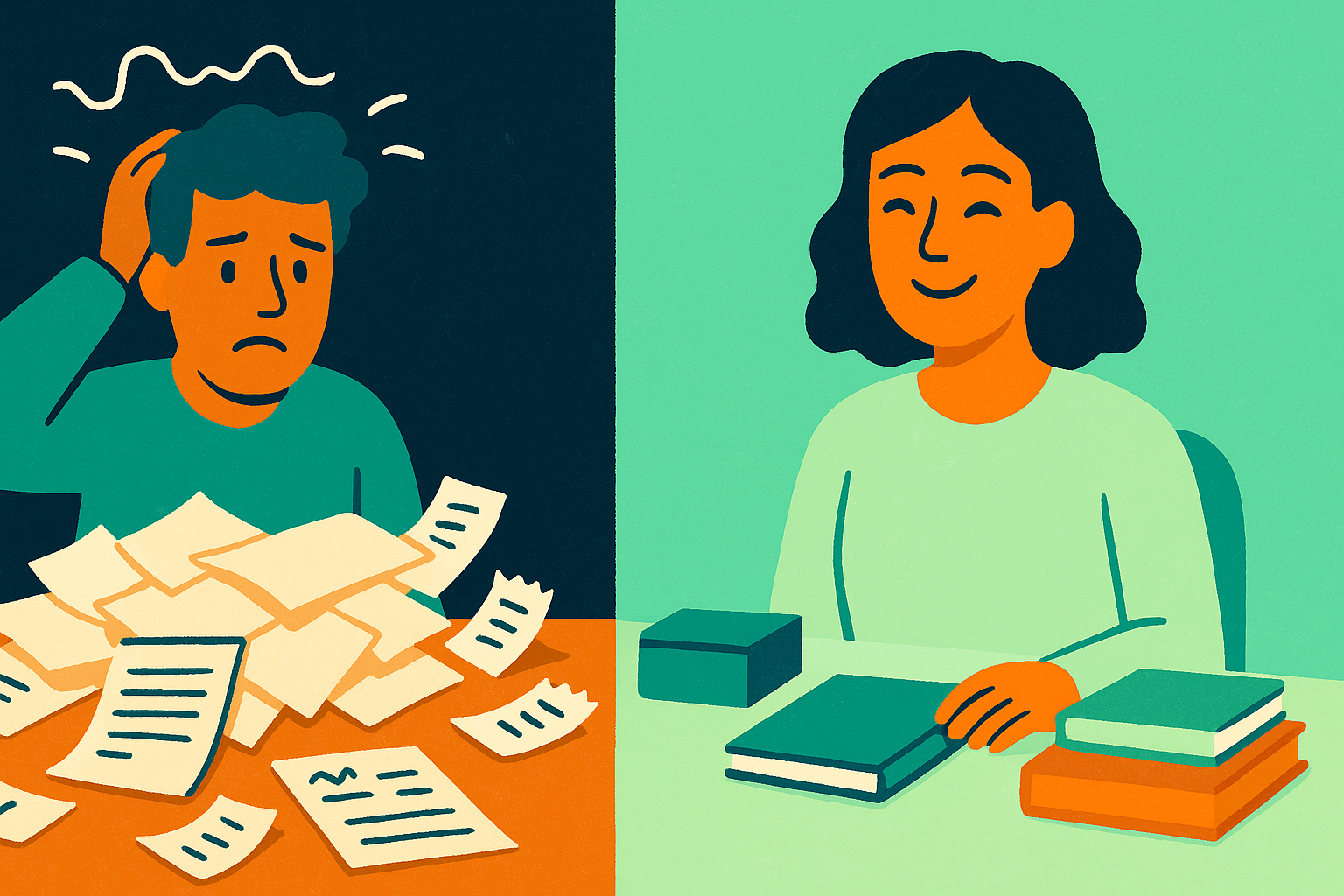 Illustration showing a stressed business owner surrounded by papers on one side and a calm bookkeeper with organized records on the other, representing the benefits of professional bookkeeping help.