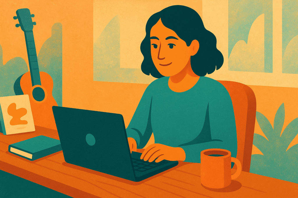 Illustration of a freelancer working on a laptop at a home studio with a coffee mug and guitar in the background, symbolizing small business bookkeeping for creative professionals.