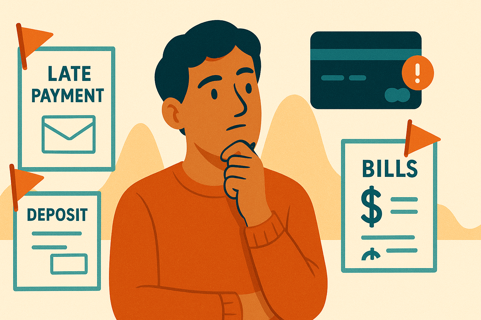 Illustration of a concerned man surrounded by icons showing late payments, deposits, bills, and a credit card alert, symbolizing common cash flow challenges for small business owners.