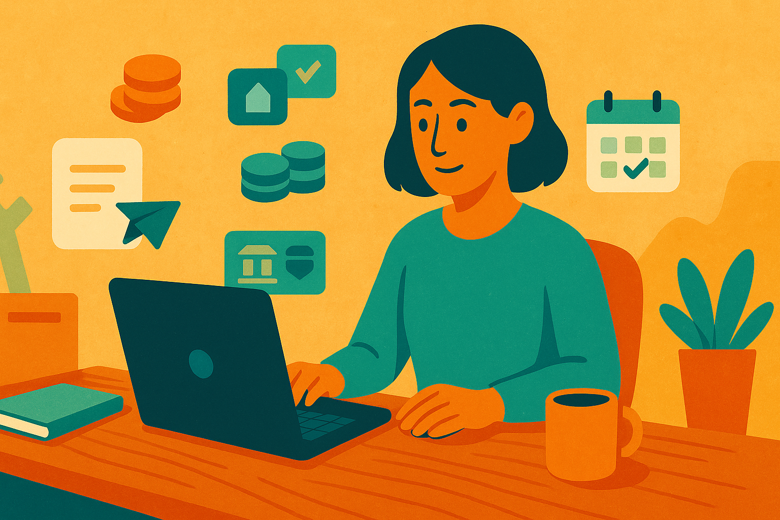 cashflow Illustration of a woman working at a laptop with financial icons surrounding her, including coins, a calendar, and banking symbols, representing cash flow management.
