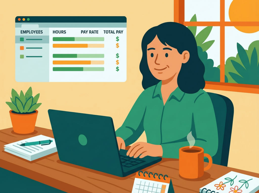Small business owner reviewing payroll software on laptop with organized workspace and calendar