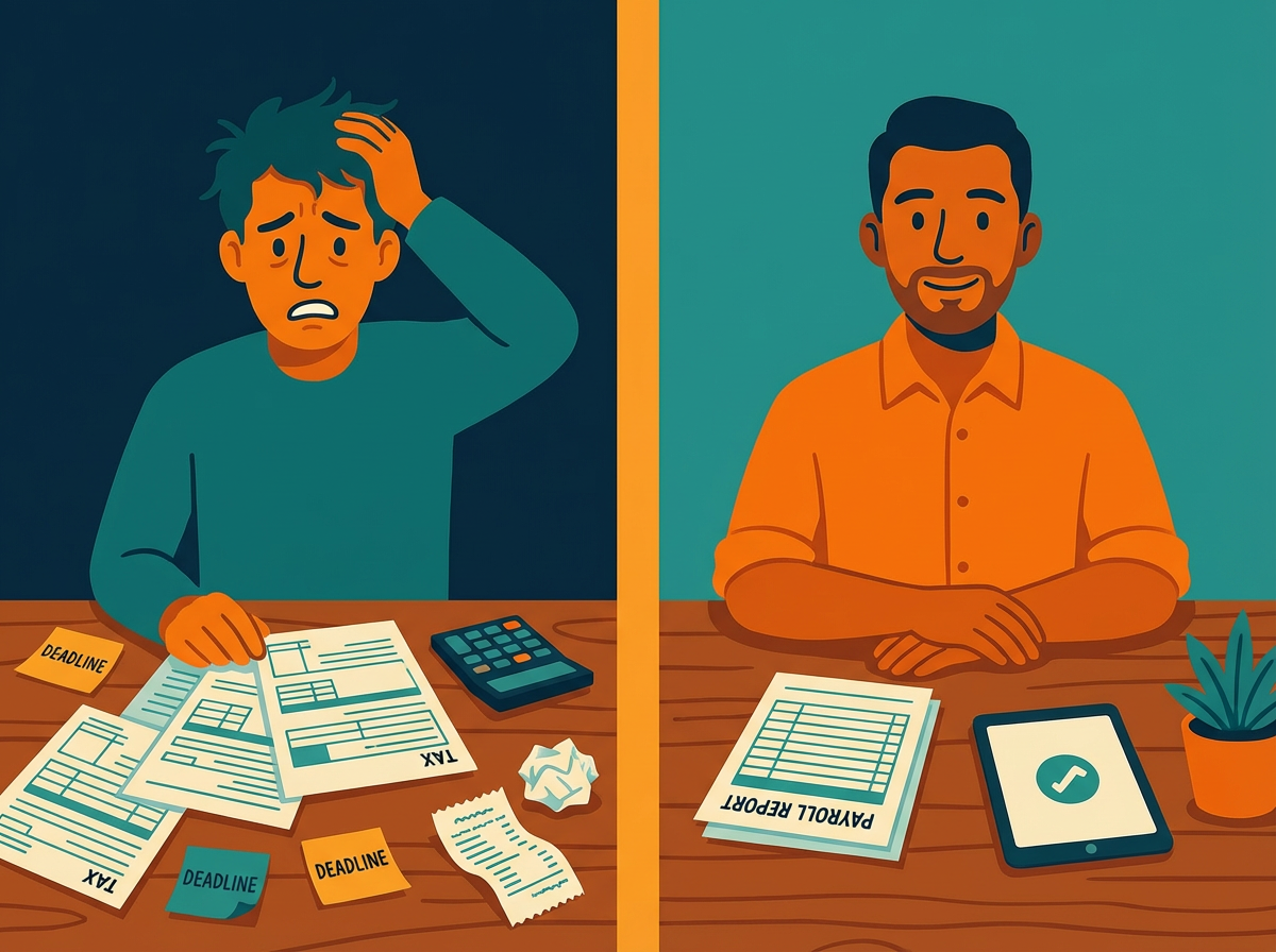  Small business owner stressed by payroll tax deadlines versus calm business owner using organized payroll system